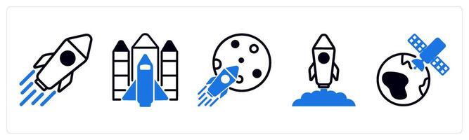 5 space icons as robot, space shuttle, space mission in blue color vector