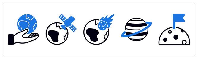 5 space icons as earth, earth satellite, earth meteor in blue color vector