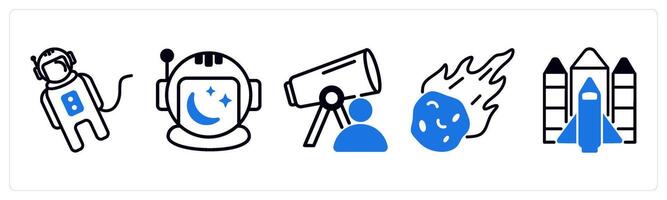 5 space icons as space suit, space helmet, astronomer in blue color vector