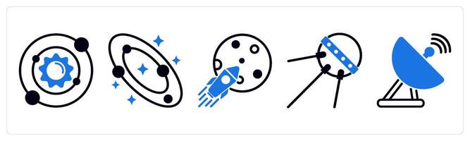 5 space icons as solar system, galaxy, space mission in blue color vector
