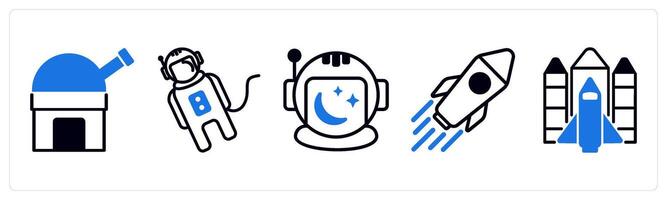 5 space icons as observatory, space suit, space helmet in blue color vector