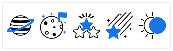 5 space icons as planet, moon, stars in blue color vector