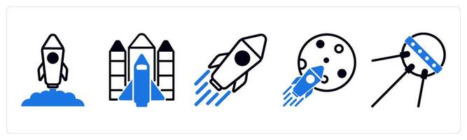 5 space icons as rocket launch, space shuttle, rocket in blue color vector
