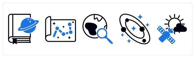 5 space icons as space book, map, find planet in blue color vector