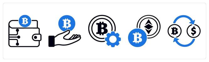 5 cyrptocurrency icons as crypto wallet, bitcoin, cryptocurrency setting in blue color vector