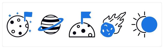5 space icons as moon, planet, meteorite in blue color vector