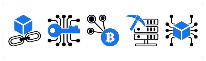 5 cyrptocurrency icons as blockchain link, encryption, key, bitcoin network in blue color vector