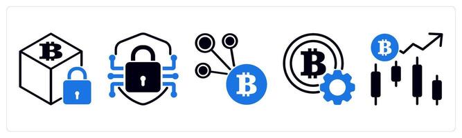 5 cyrptocurrency icons as blockchain security, encrypted shield, bitcoin network in blue color vector