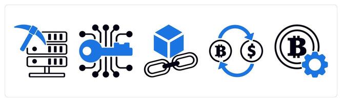 5 cyrptocurrency icons as data mining, encryption key, blockchain link in blue color vector