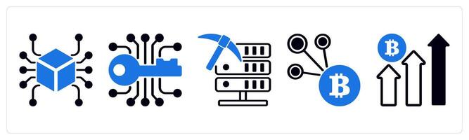 5 cyrptocurrency icons as blockchain, encryption key, data mining in blue color vector