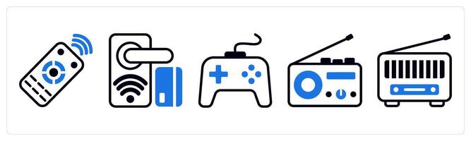 5 device icons as remote control, smart lock, gamepad in blue color vector