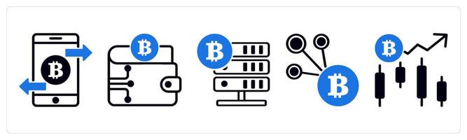 5 cyrptocurrency icons as transaction, crypto wallet, crypto data in blue color vector