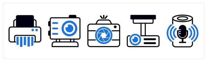 5 device icons as paper shader, gopro, camera, projector in blue color vector