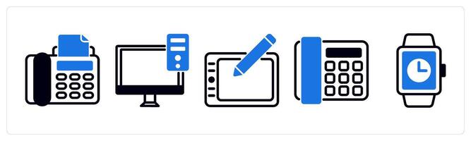 5 device icons as fax phone, pc, wacom in blue color vector