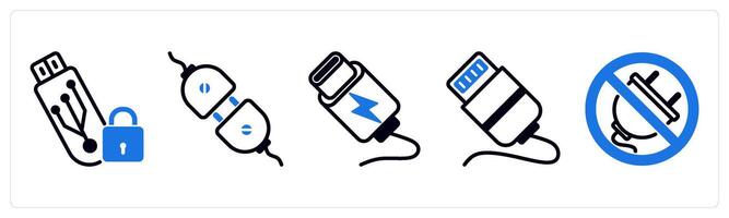5 device icons as database alert, server performance, database search in blue color vector