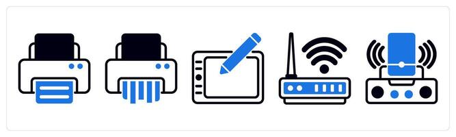 5 device icons as printer, paper shader, wacom in blue color vector