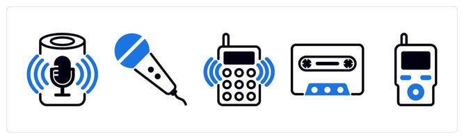 5 device icons as smart speaker, microphone, radio phone in blue color vector