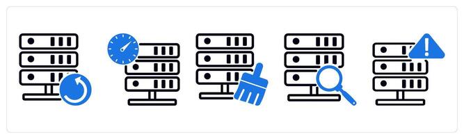 5 device icons as server backup, server performance, server cleansing in blue color vector