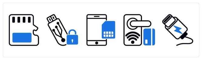 5 device icons as memory chip, locked memory, mobile card, in blue color vector