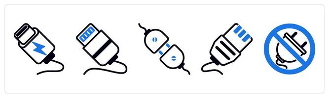 5 device icons as c cable, cable lightning, connector in blue color vector