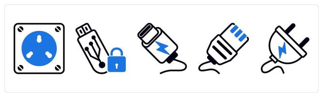 5 device icons as electric socket, locked memory, c cable in blue color vector