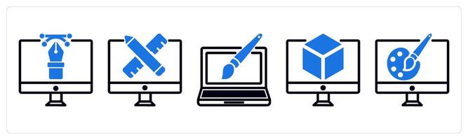 5 design icons as digital design, custom design, web design in blue color vector