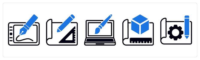 5 design icons as digital art, sketch, web design in blue color vector