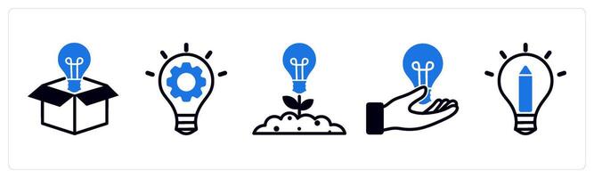 5 design icons as idea out of box, creative process, creative growth in blue color vector