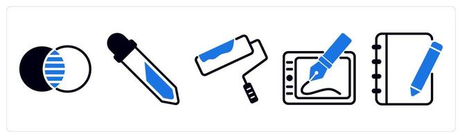5 design icons as color intersection, color picker, paint roller in blue color vector