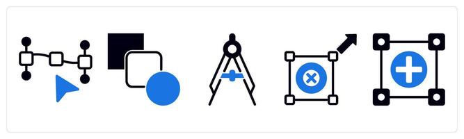 5 design icons as 3d prototype, prototype, branding in blue color vector