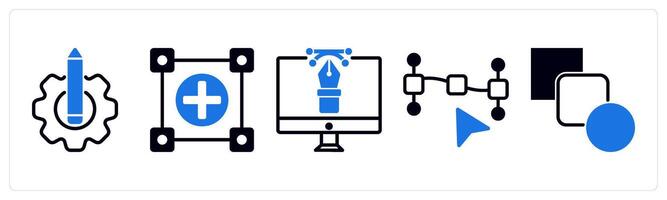 5 design icons as design setting, editable object, digital design in blue color vector