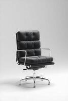 Close-up of a modern black leather office chair with chrome frame photo