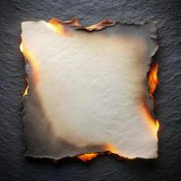 Burnt paper with burning edges on a dark stone background creating a dramatic and textured image photo
