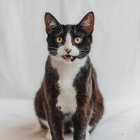 Expressive Tuxedo Cat Portrait with Open Mouth on White Background photo
