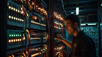 IT Technician Troubleshooting Server Issues in Data Center for Business photo