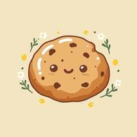 Cartoon chocolate chip cookie with a smiley face with flowers and leaves around vector