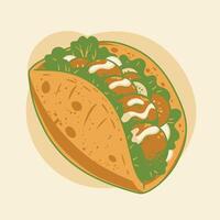 Taco with meat and vegetables logo design on a beige background vector