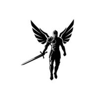 Silhouette of a knight with wings holding a sword logo design vector