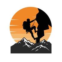 Silhouette of a man climbing on a mountain logo design vector