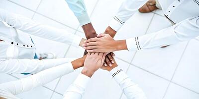 Diverse Business Team Stacking Hands in Unity and Collaboration Showcasing Teamwork and Success photo