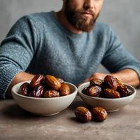 A bearded man sitting with two bowls of fresh dates on a table photo