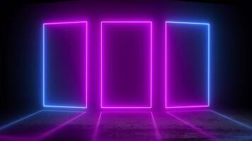Neon light display showcasing three glowing rectangular frames at night video