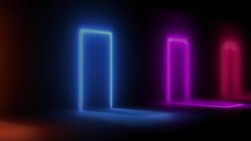 Colors of light create a vibrant atmosphere in a dark room with neon doors video