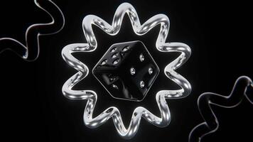 Abstract 3D horizontal animation loop infinite falling dice cubes rain metallic chrome iridescent prism dark reflective neon purple illuminated background wallpaper social media glow event game video