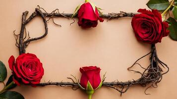 Elegant red roses arranged in a square frame on a neutral backdrop for a romantic and natural aesthetic photo