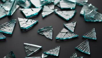 Scattered shards of reflective mirror on a dark background creating an abstract composition of broken reflections and sharp edges photo