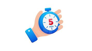 Hand holding a stopwatch with five minutes on white and green screen backgrounds video