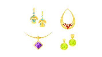 Golden jewelry set with colorful gemstones is changing background color video