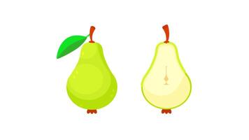 Green pear rotating and showing its inside on white and blue background video