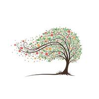 Logo design of a tree with flowers and leaves blowing in the wind vector